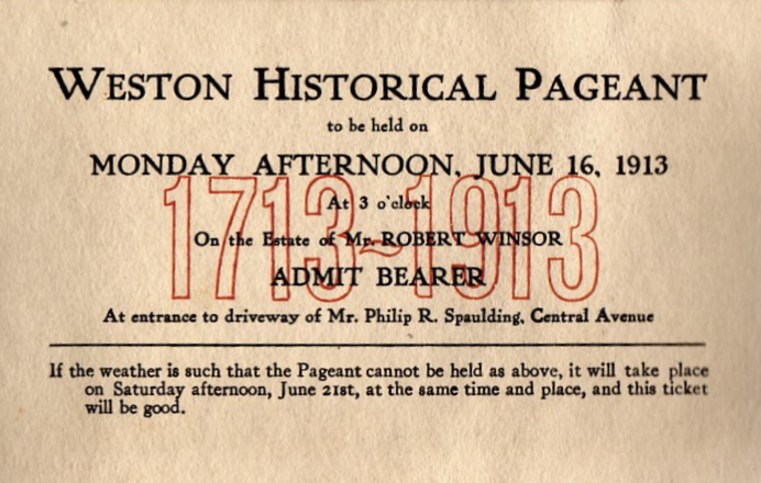 Ticket to Weston Historical Pageant 1913