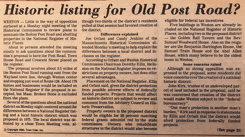 Newspaper clipping from 1980 titled "Historic listing for Old Post Road?"