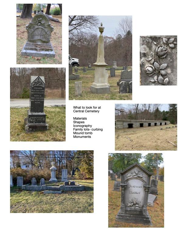 Brochure page on what to look for at Central Cemetery: materials; shapes; iconography; family lots - curbing; mound tomb; monuments.