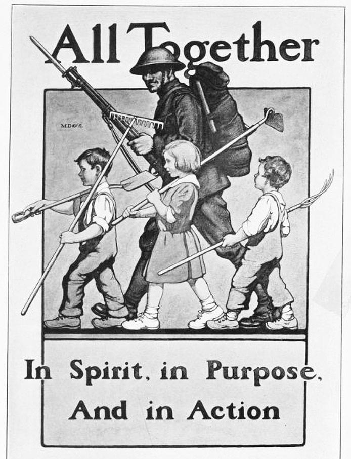 World War I poster with soldier and children, captioned "All Together in Spirit, in Purpose, And in Action"