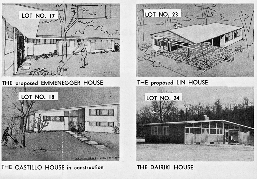 Four renderings/photos of modernist Kendal Common houses, labeled: "Lot No. 17 - the proposed Emmenegger House," "Lot No. 23 - the proposed Lin House," "Lot No. 18 - the Castillo House in construction," and "Lot No. 24 - the Dairiki House"