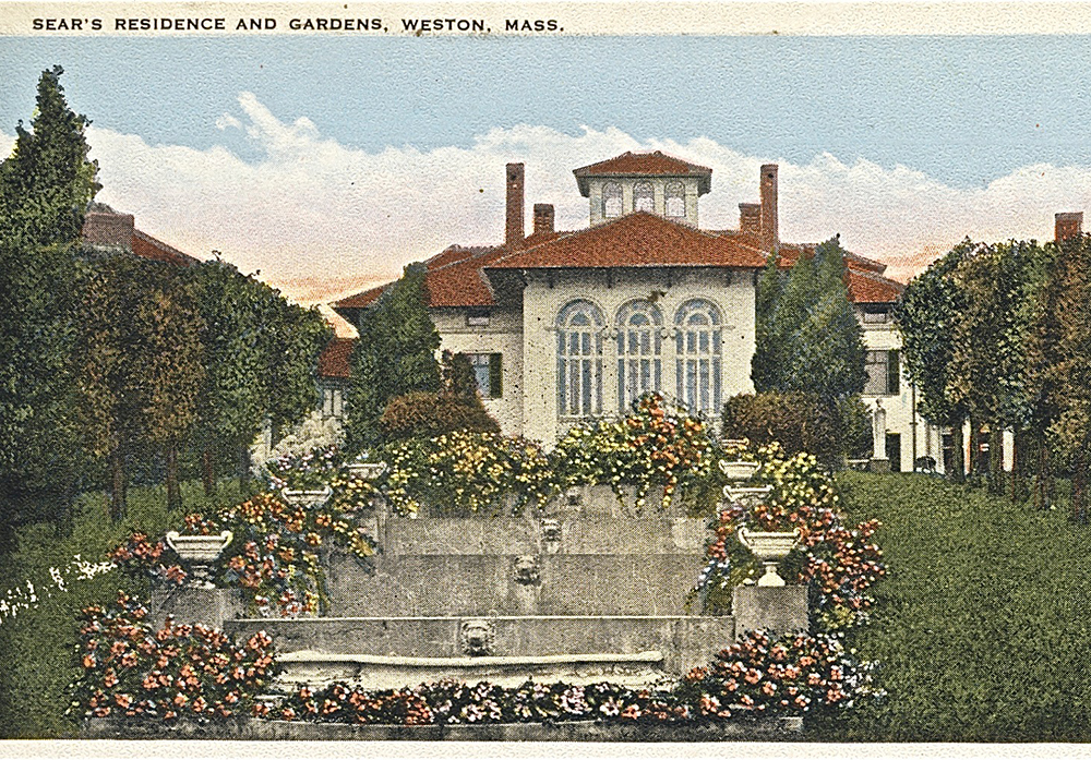 Colorized photo of Haleiwa estate showing Italianate house with formal terraces in front, labeled "Sears Residence and Gardens, Weston, Mass."